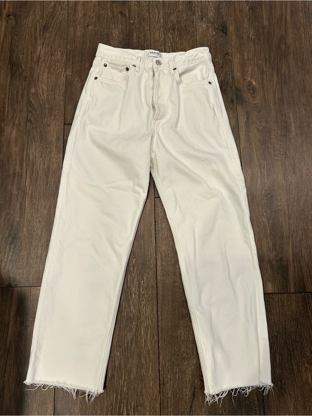 Agolde 90’s Crop Mid Rise Straight Leg Jeans in Fortune Cookie w/fray hem Sz 26